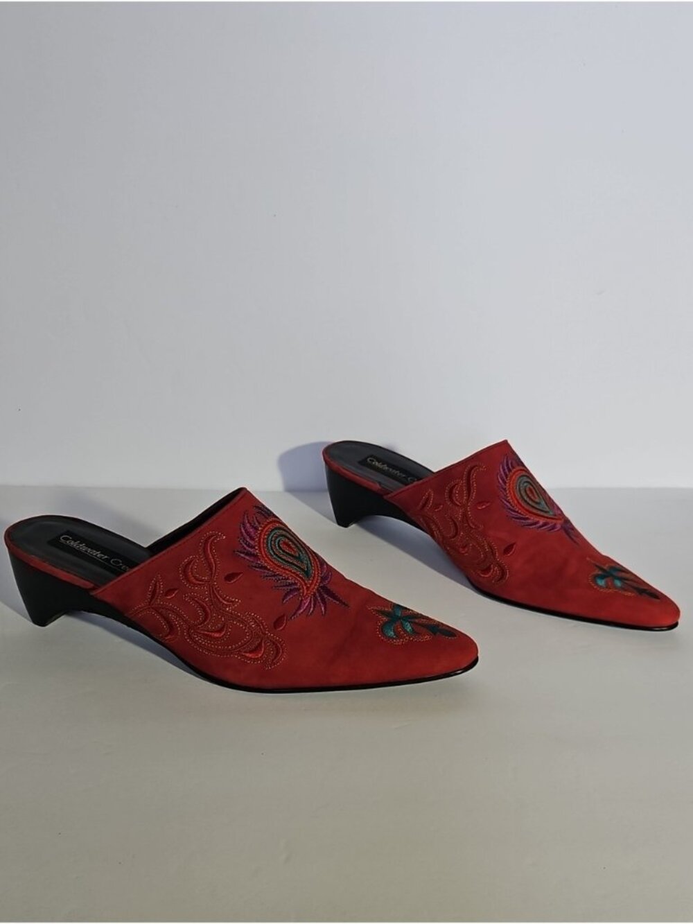Coldwater Creek Red Faux Suede Paisley Embroidered Mules